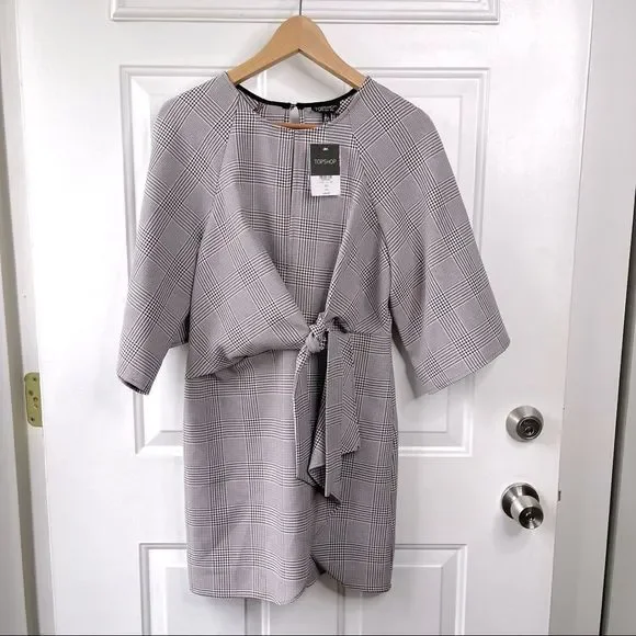 Topshop NEW Houndstooth Front Tie Plaid White Red Mini DresS Size 4 - Picture 2 of 16